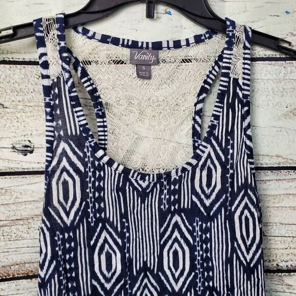 Vanity Small Navy/White Tank Top Lace Back - Picture 2 of 7